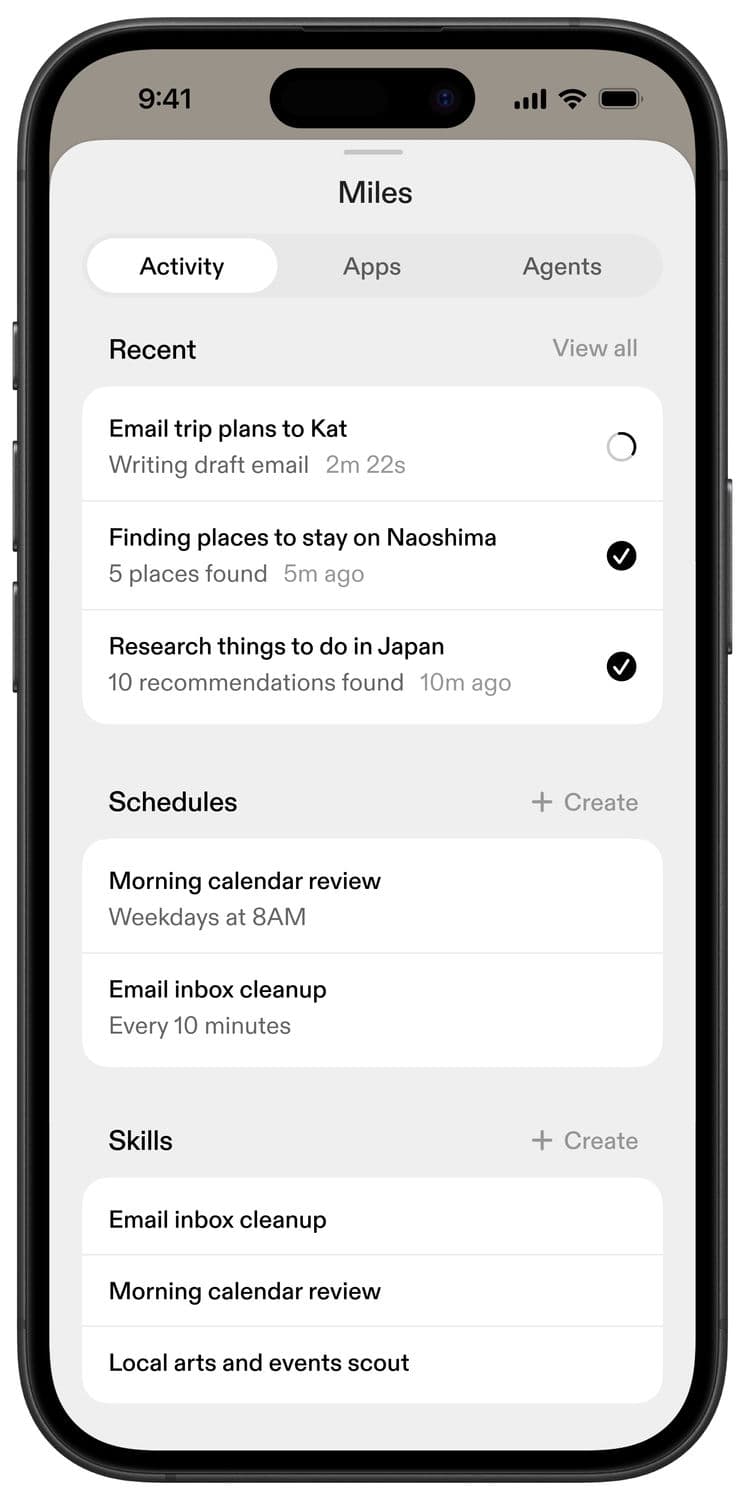Sesame app Activity tab with recent tasks, schedules, and skills