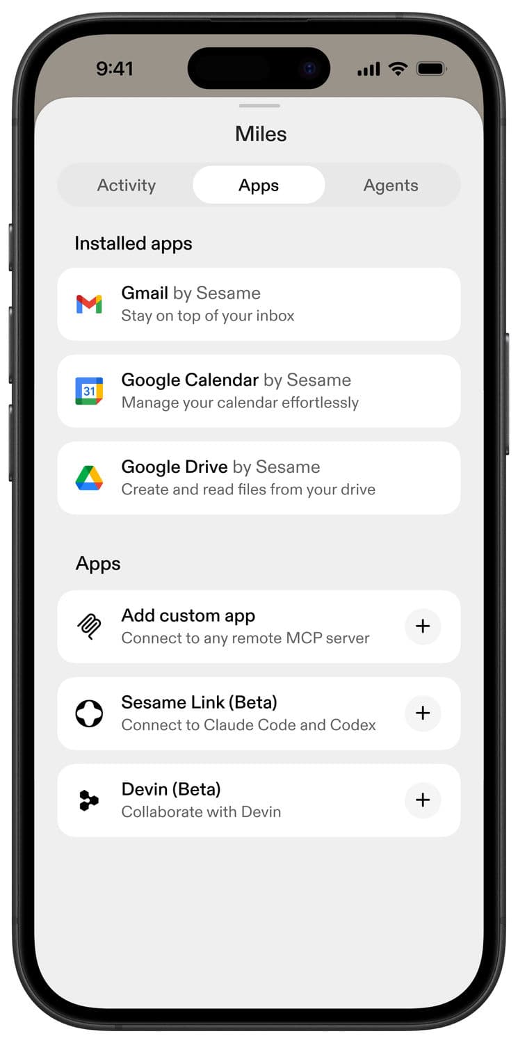 Sesame app Apps tab with installed and available apps