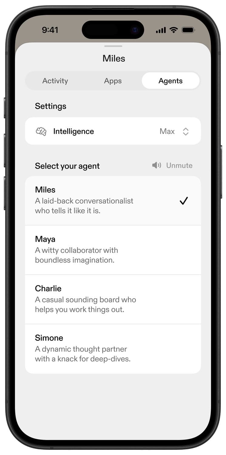 Sesame app Agents tab with the agent picker