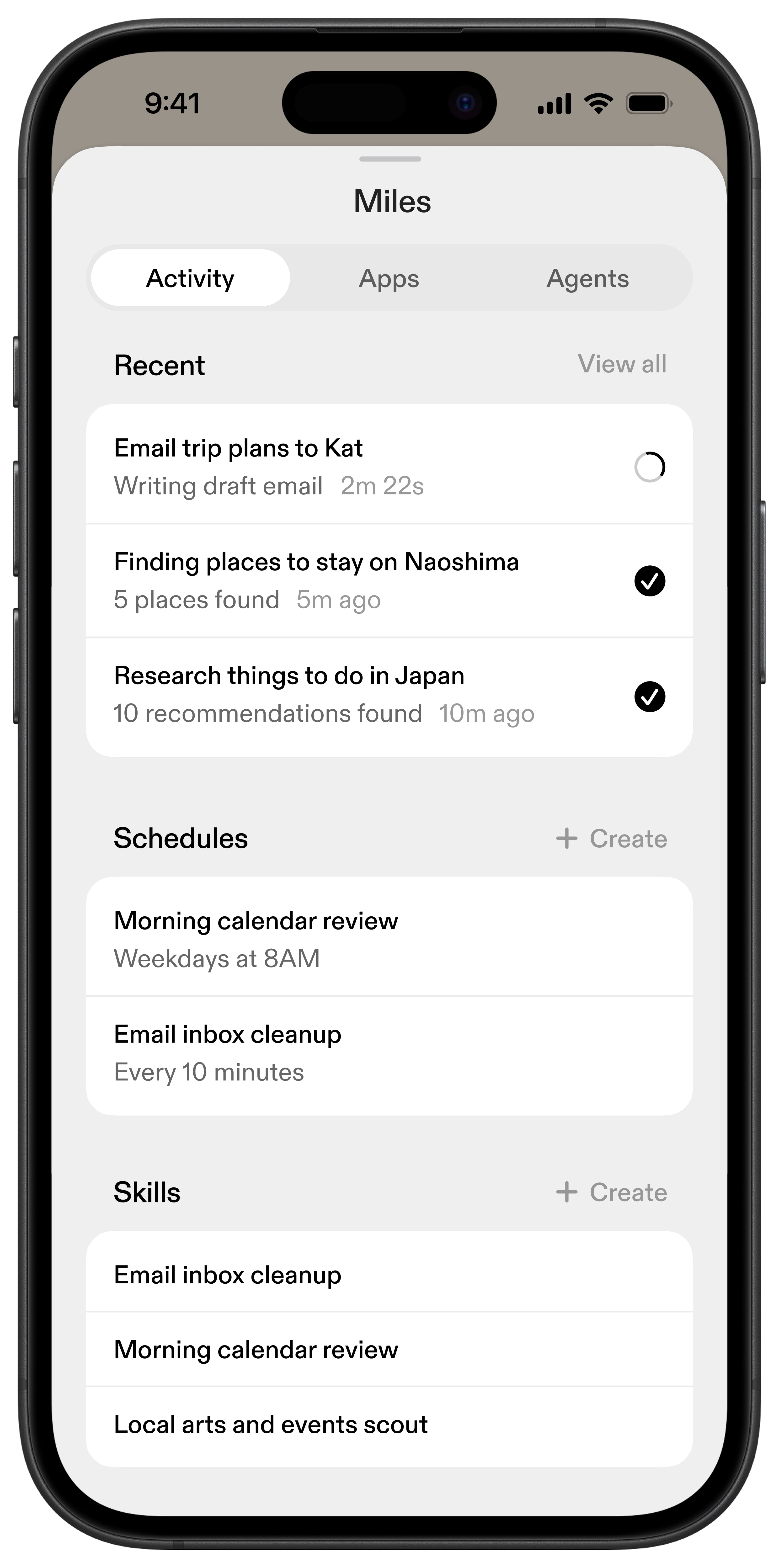 Sesame - Activity tab with recent tasks, schedules, and skills