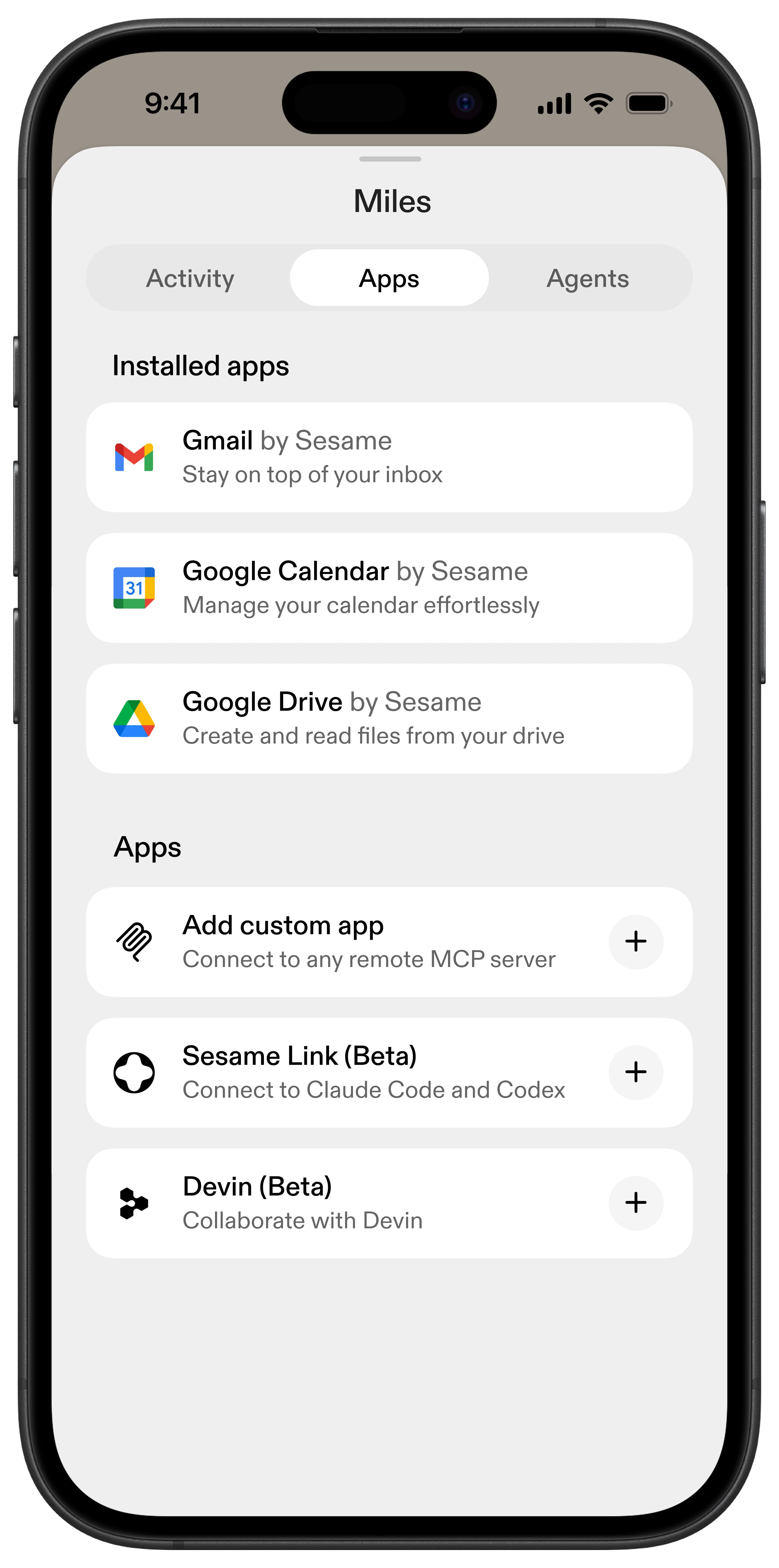 Sesame - Apps tab with Gmail, Google Calendar, Google Drive, custom MCP apps, Sesame Link, and Devin