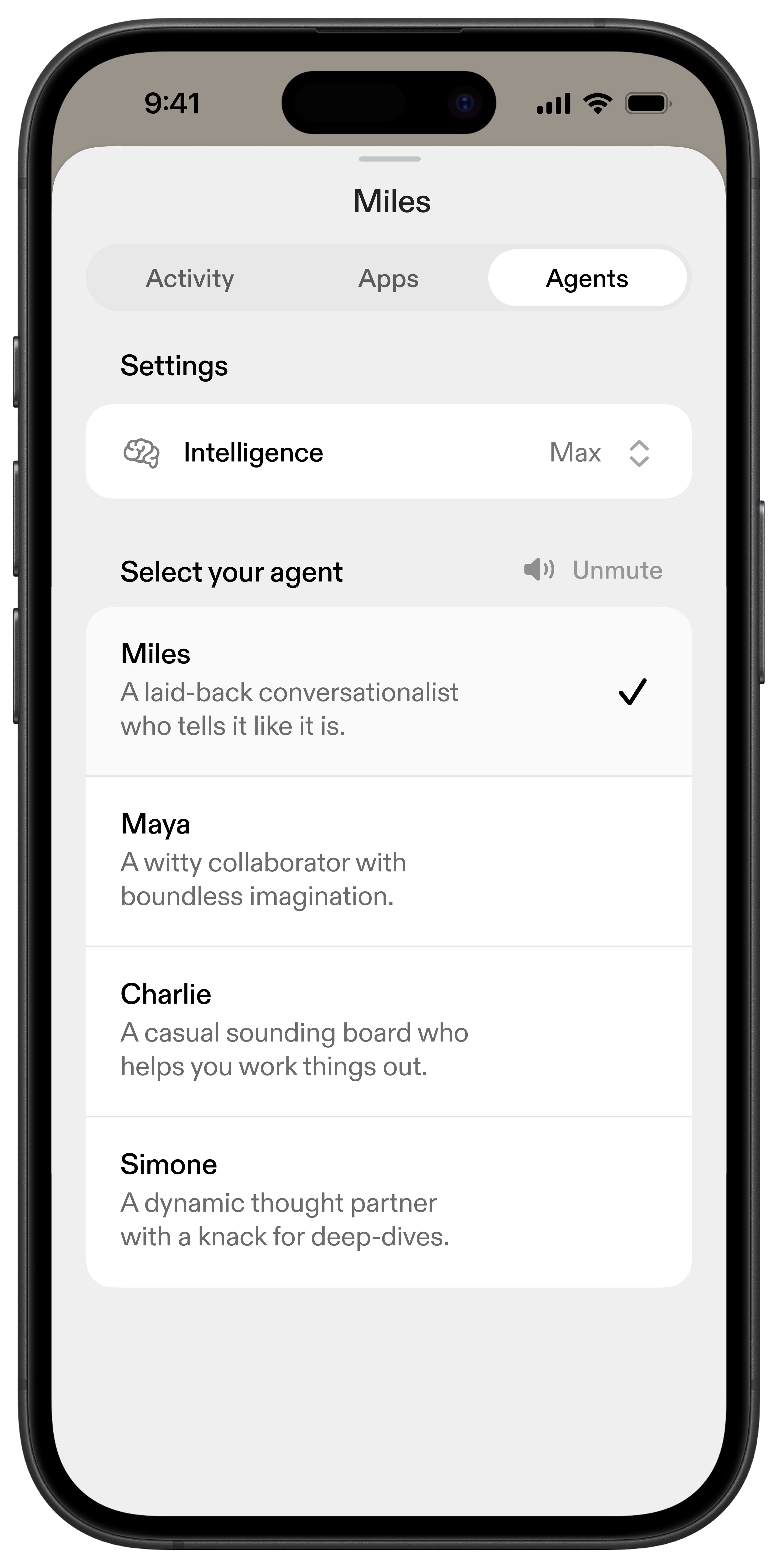 Sesame - Agents tab with the Intelligence setting and the four characters